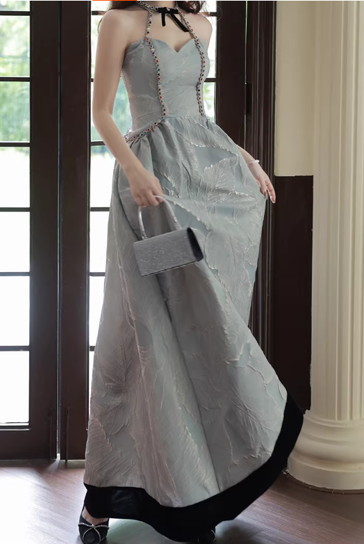 Elegant Dusty Sage Halter Neck Feather-Pattern Evening Gown Beaded Trim A-Line Prom Dress DP7820