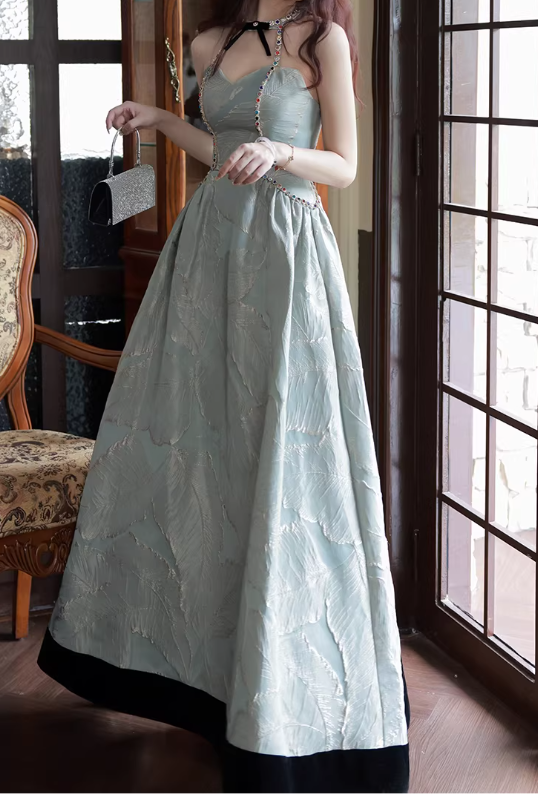Elegant Dusty Sage Halter Neck Feather-Pattern Evening Gown Beaded Trim A-Line Prom Dress DP7820