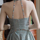 Elegant Dusty Sage Halter Neck Feather-Pattern Evening Gown Beaded Trim A-Line Prom Dress DP7820