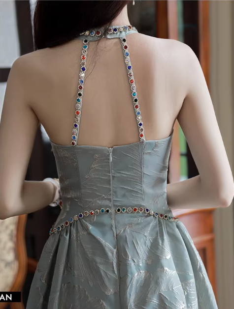 Elegant Dusty Sage Halter Neck Feather-Pattern Evening Gown Beaded Trim A-Line Prom Dress DP7820
