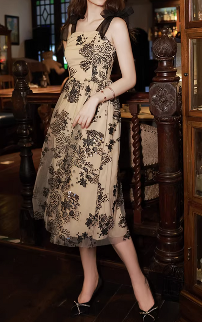 Vintage-Inspired Floral Sequin Midi Cocktail Gown Bow-Accented Straps Prom Dress DP7822