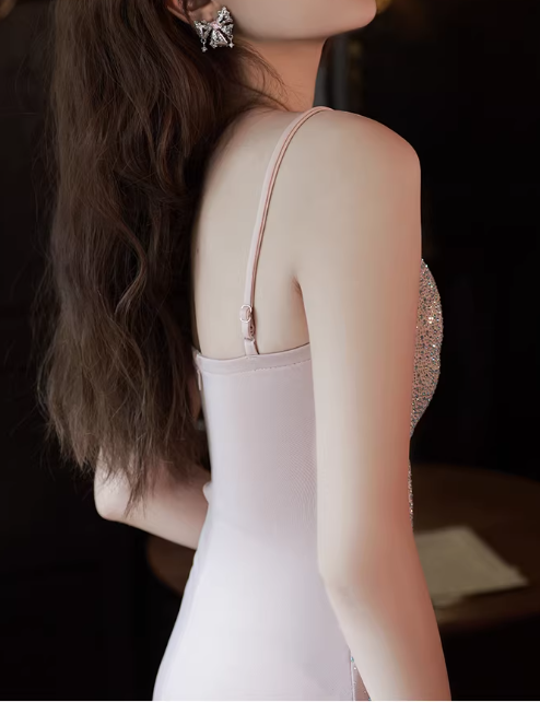 Elegant Sparkling Light Pink Sequin Sheath Evening Gown Spaghetti Straps Sweetheart High Slit Prom Dress DP7823