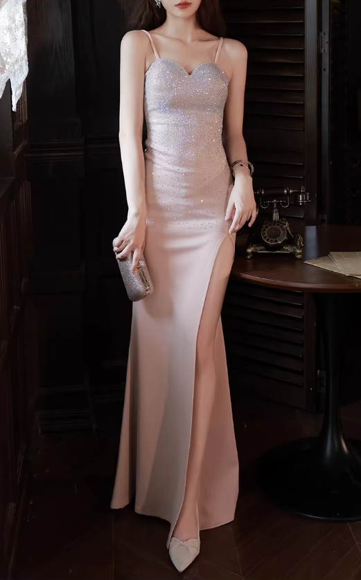 Elegant Sparkling Light Pink Sequin Sheath Evening Gown Spaghetti Straps Sweetheart High Slit Prom Dress DP7823