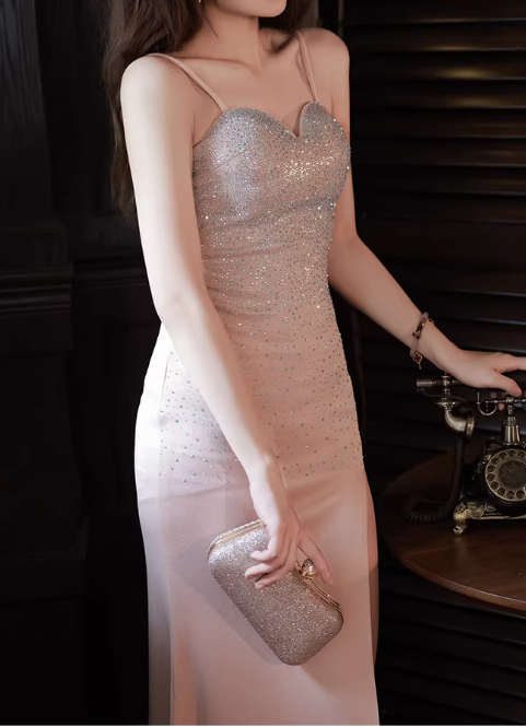 Elegant Sparkling Light Pink Sequin Sheath Evening Gown Spaghetti Straps Sweetheart High Slit Prom Dress DP7823