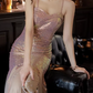 Elegant Rose Gold Sequin Mermaid Evening Gown with Tulle Train Spaghetti Strap Sweetheart Prom Dress DP7824