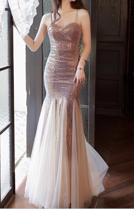 Elegant Rose Gold Sequin Mermaid Evening Gown with Tulle Train Spaghetti Strap Sweetheart Prom Dress DP7824
