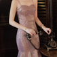 Elegant Rose Gold Sequin Mermaid Evening Gown with Tulle Train Spaghetti Strap Sweetheart Prom Dress DP7824