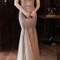 Elegant Rose Gold Sequin Mermaid Evening Gown with Tulle Train Spaghetti Strap Sweetheart Prom Dress DP7824