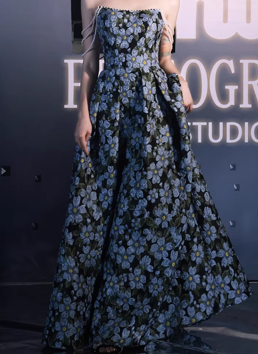 Elegant Floral Print Strapless Evening Gown Pearl-Accented Formal Prom Dress DP7825