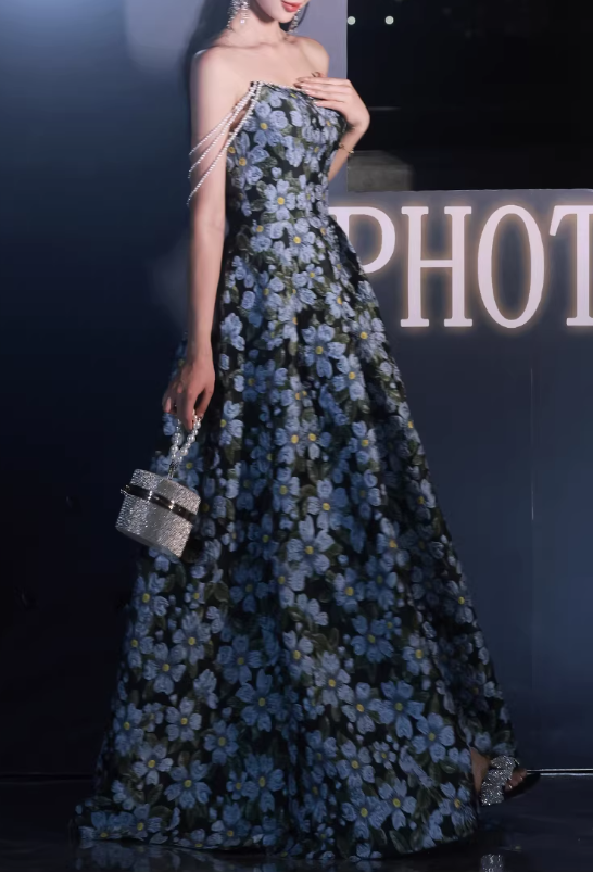Elegant Floral Print Strapless Evening Gown Pearl-Accented Formal Prom Dress DP7825