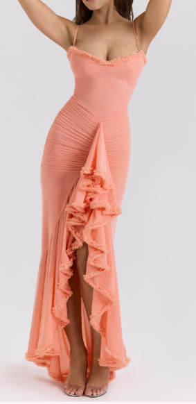 Elegant Coral Mermaid Evening Gown Ruffled Slit Spaghetti Strap Prom Dress DP7796