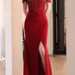 Glamorous Crimson Red Off-the-Shoulder Mermaid Evening Gown Beaded High Slit Prom Dress DP7812