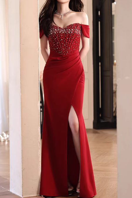 Glamorous Crimson Red Off-the-Shoulder Mermaid Evening Gown Beaded High Slit Prom Dress DP7812