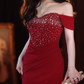 Glamorous Crimson Red Off-the-Shoulder Mermaid Evening Gown Beaded High Slit Prom Dress DP7812