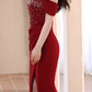 Glamorous Crimson Red Off-the-Shoulder Mermaid Evening Gown Beaded High Slit Prom Dress DP7812