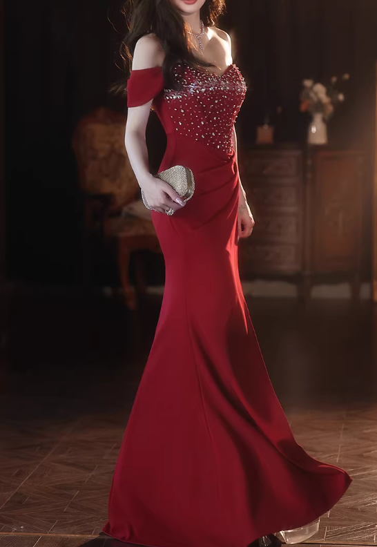 Glamorous Crimson Red Off-the-Shoulder Mermaid Evening Gown Beaded High Slit Prom Dress DP7812