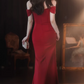 Glamorous Crimson Red Off-the-Shoulder Mermaid Evening Gown Beaded High Slit Prom Dress DP7812