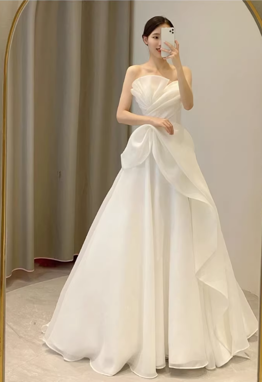 Vintage Strapless A-Line Draped Chiffon Bodice & Flowy Organza Skirt Wedding Dress DP7829