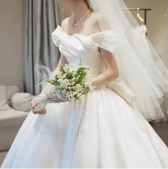 Vintage White Off-the-Shoulder Satin A-Line Wedding Dress DP7830