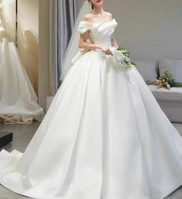 Vintage White Off-the-Shoulder Satin A-Line Wedding Dress DP7830