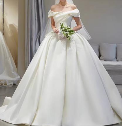 Vintage White Off-the-Shoulder Satin A-Line Wedding Dress DP7830