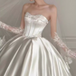 Vintage Ivory Strapless Satin Lace Trim Bow-Accented Hem A-Line Wedding Dress DP7832