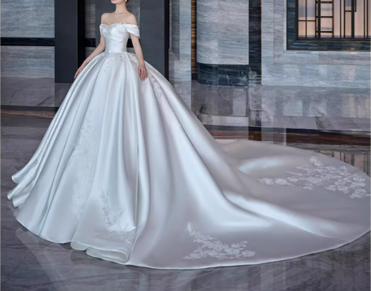 Vintage Off-the-Shoulder Satin Embroidered Train A-Line Wedding Dress DP7833