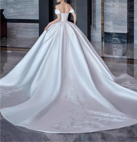 Vintage Off-the-Shoulder Satin Embroidered Train A-Line Wedding Dress DP7833