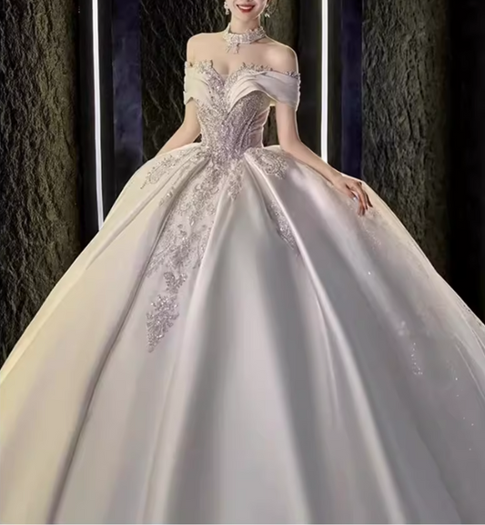 Glamorous Off-the-Shoulder Beaded Bodice Satin A-Line Wedding Dress DP7835