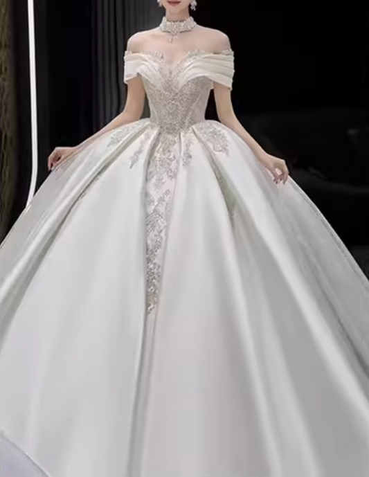 Glamorous Off-the-Shoulder Beaded Bodice Satin A-Line Wedding Dress DP7835