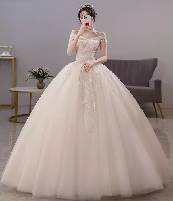 Vintage Ivory Off-the-Shoulder Glitter Tulle Beaded Bodice A-Line Wedding Dress DP7826