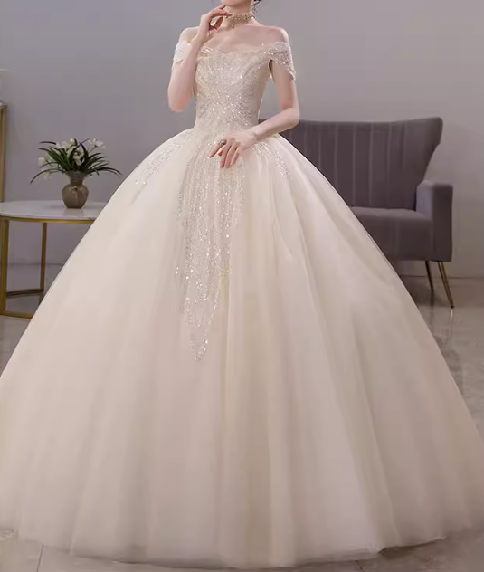 Vintage Ivory Off-the-Shoulder Glitter Tulle Beaded Bodice A-Line Wedding Dress DP7826