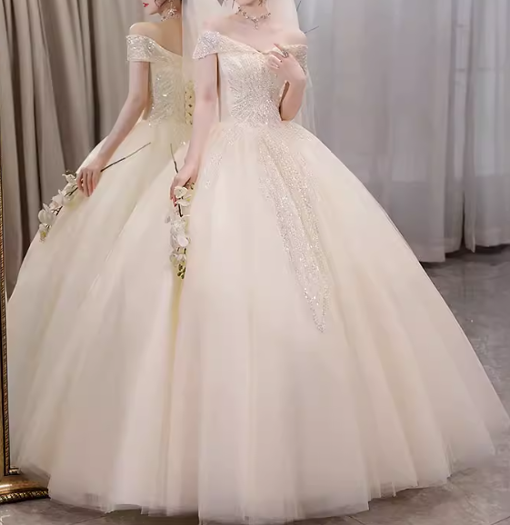 Vintage Ivory Off-the-Shoulder Glitter Tulle Beaded Bodice A-Line Wedding Dress DP7826