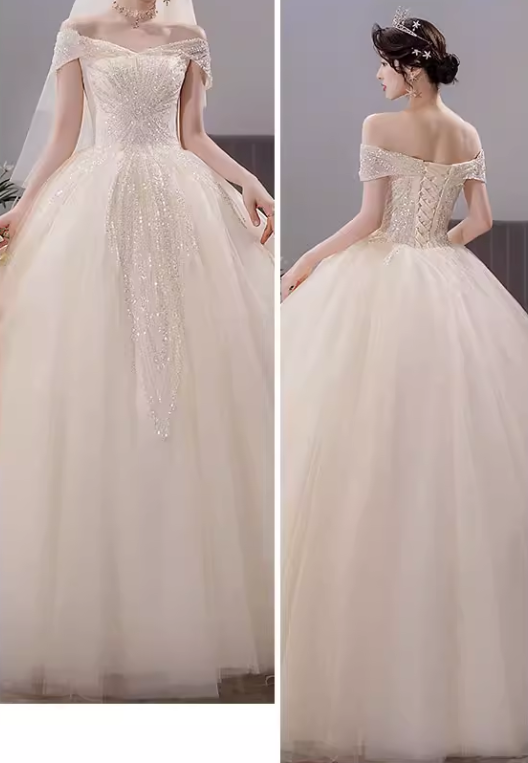 Vintage Ivory Off-the-Shoulder Glitter Tulle Beaded Bodice A-Line Wedding Dress DP7826