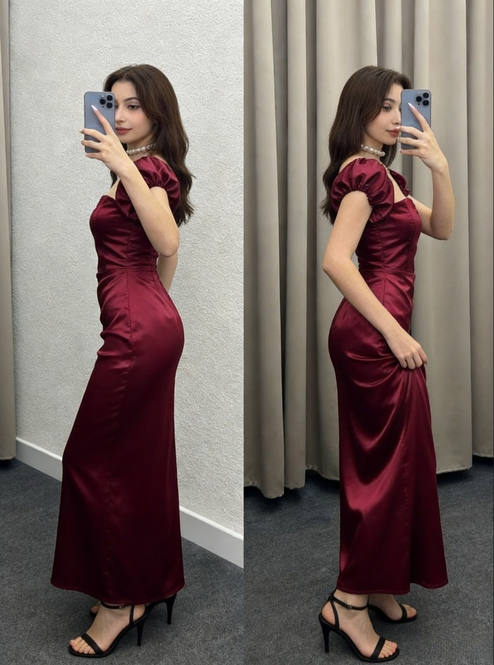 Elegant Satin Square Neck Evening Gown Puff Sleeve Ruched Sheath Wedding Guest Dress DP3762