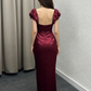 Elegant Satin Square Neck Evening Gown Puff Sleeve Ruched Sheath Wedding Guest Dress DP3762