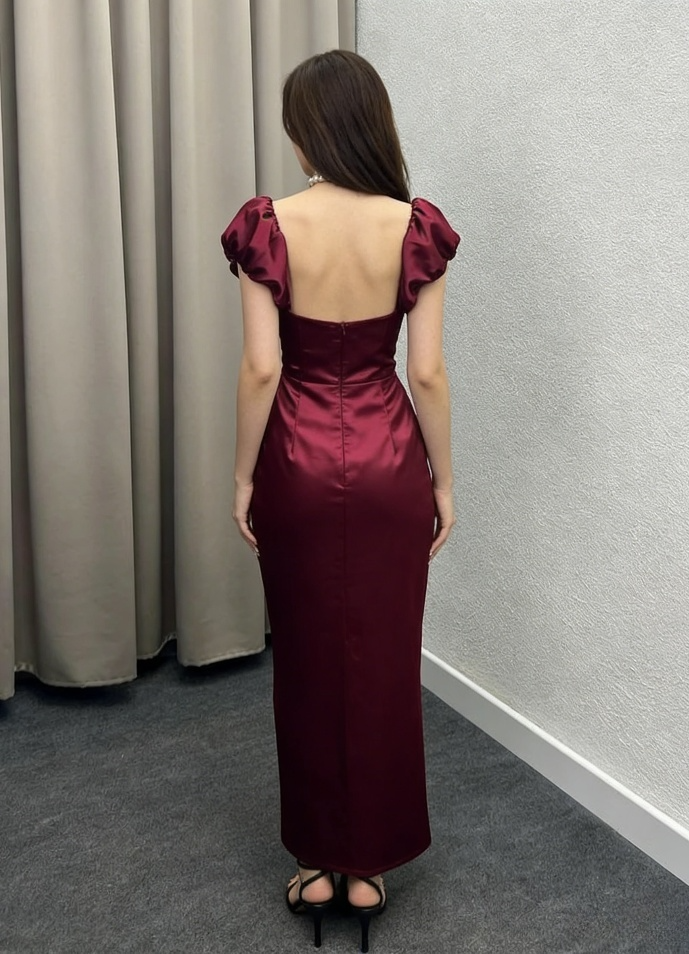 Elegant Satin Square Neck Evening Gown Puff Sleeve Ruched Sheath Wedding Guest Dress DP3762