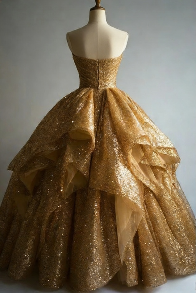 Glamouröses, goldglitzerndes, trägerloses, gestuftes Rüschen-Prinzessinnenkleid für Sweet 15, Quinceañera, Ballkleid DP5244