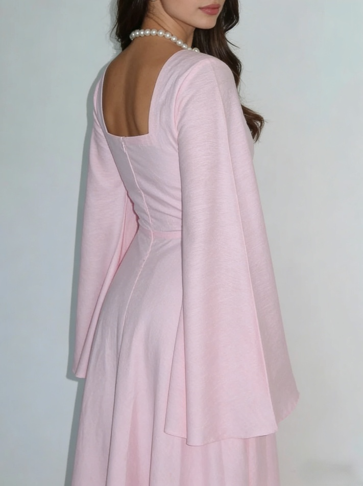 Elegant Pink A-Line Prom Dress Square Neck Bell Sleeves Formal Evening Gown DP4970