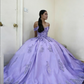 Glamouröses, lilafarbenes, schulterfreies Ballkleid mit Stickereien, Tüllspitze und Applikationen für Sweet 16, Quinceañera DS4600