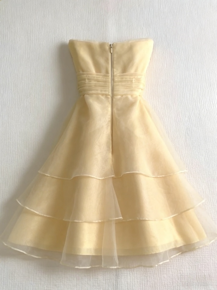 Vintage hellgelbes, trägerloses Chiffon-Kurzkleid in A-Linie, ideal für Partys und Abschlussbälle (DP5000)