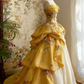 Elegant Golden Yellow Strapless Ball Gown Floral Print Tiered Ruffles Sweet 15 Quinceanera Evening Gown DP7838