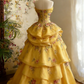 Elegant Golden Yellow Strapless Ball Gown Floral Print Tiered Ruffles Sweet 15 Quinceanera Evening Gown DP7838