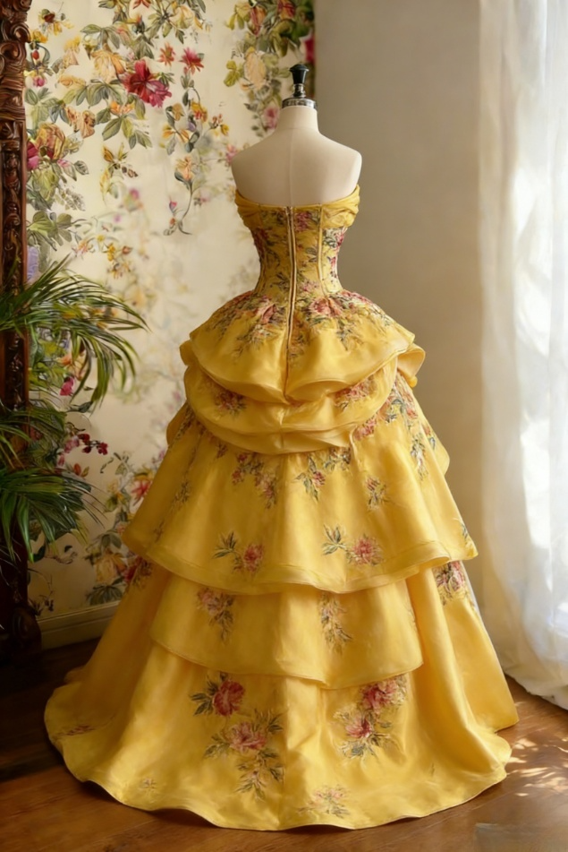 Elegant Golden Yellow Strapless Ball Gown Floral Print Tiered Ruffles Sweet 15 Quinceanera Evening Gown DP7838