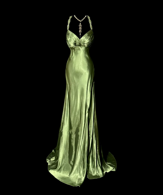 Vintage Sage Green Satin V-Neck Evening Gown Sheath Spaghetti Strap Prom Dress DP7839