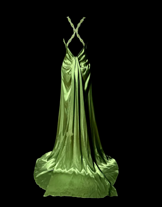 Vintage Sage Green Satin V-Neck Evening Gown Sheath Spaghetti Strap Prom Dress DP7839