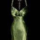 Vintage Sage Green Satin V-Neck Evening Gown Sheath Spaghetti Strap Prom Dress DP7839