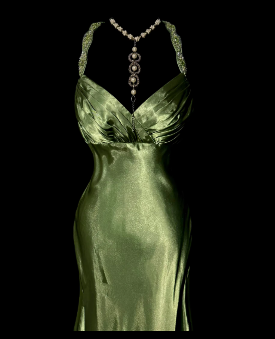 Vintage Sage Green Satin V-Neck Evening Gown Sheath Spaghetti Strap Prom Dress DP7839