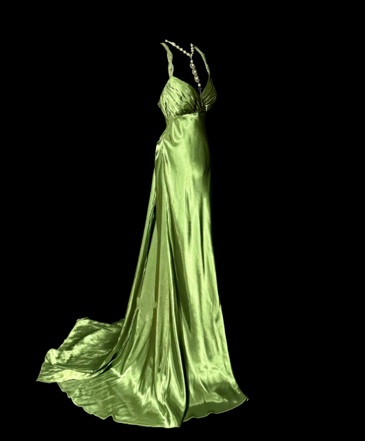 Vintage Sage Green Satin V-Neck Evening Gown Sheath Spaghetti Strap Prom Dress DP7839