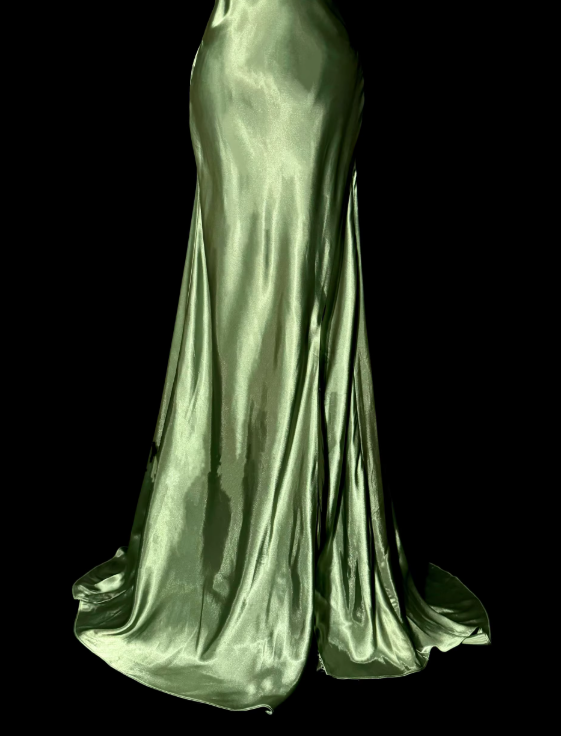 Vintage Sage Green Satin V-Neck Evening Gown Sheath Spaghetti Strap Prom Dress DP7839